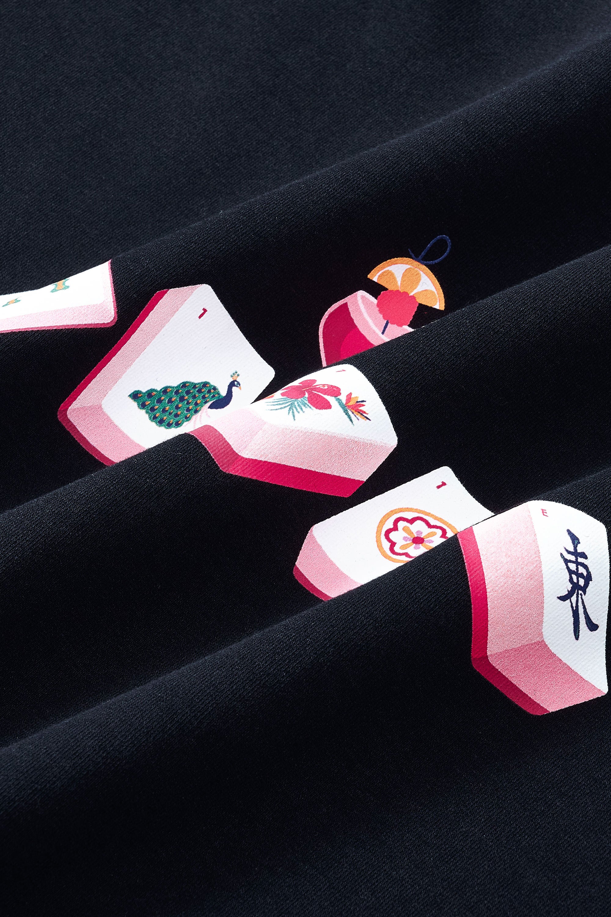 Close up of Mahjong print on Midnight fabric