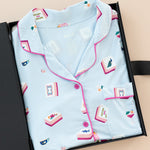 Women's Short Sleeve Cropped Pajama Set in Mahjong print packed in a box on a beige background