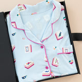 Women's Short Sleeve Cropped Pajama Set in Mahjong print packed in a box on a beige background