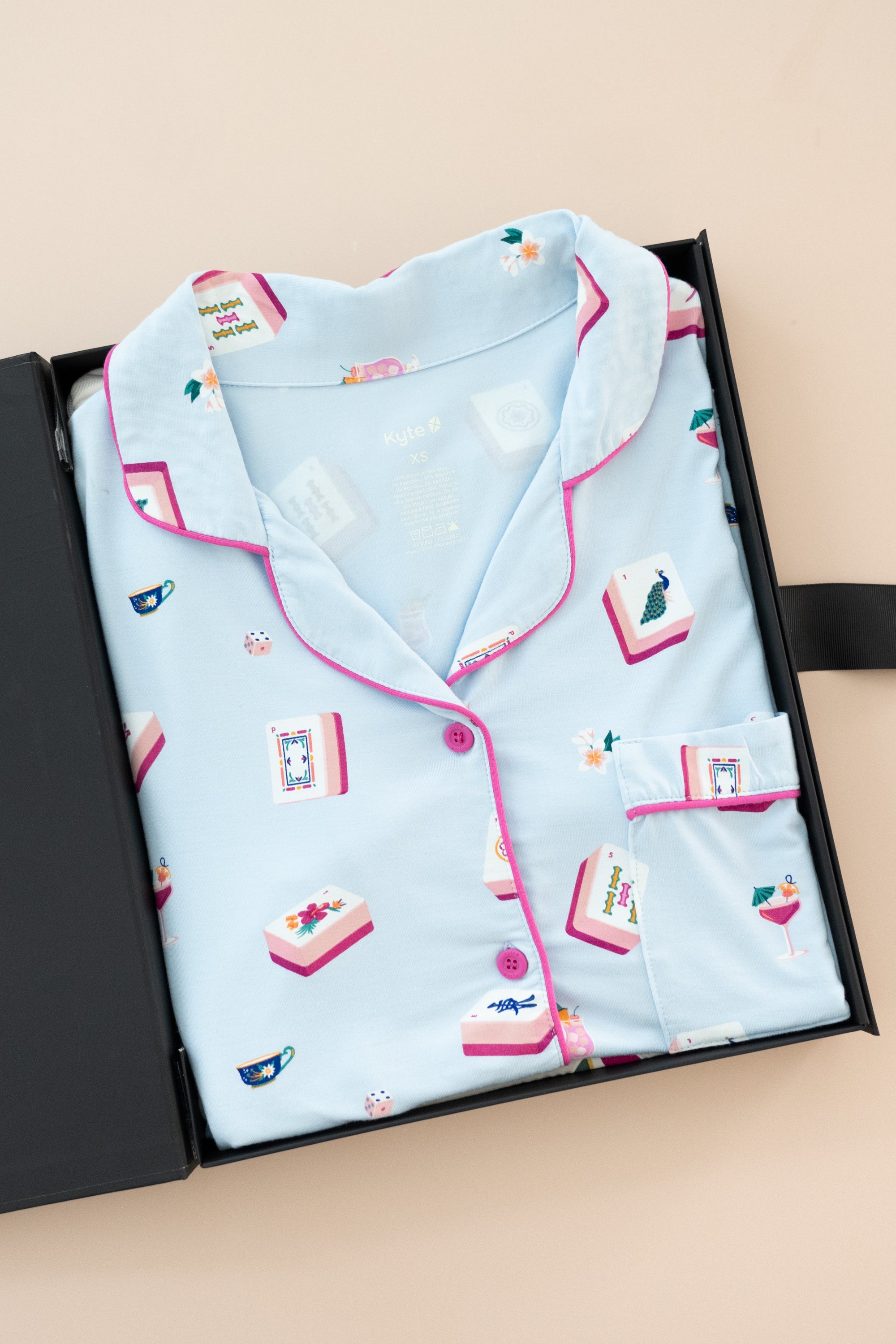 Women's Short Sleeve Cropped Pajama Set in Mahjong print packed in a box on a beige background
