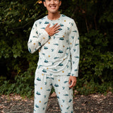 Smiling male model wearing the Men's Jogger Set in Journey with one hand on his chest