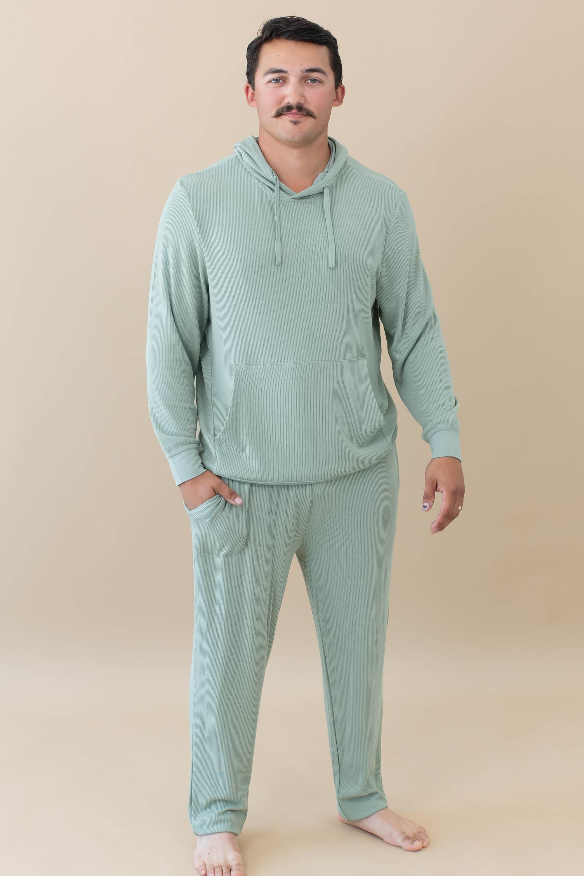 Male wearing the Men's Ribbed Jogger Pant in Thyme paired with Men's Ribbed Hoodie in Thyme