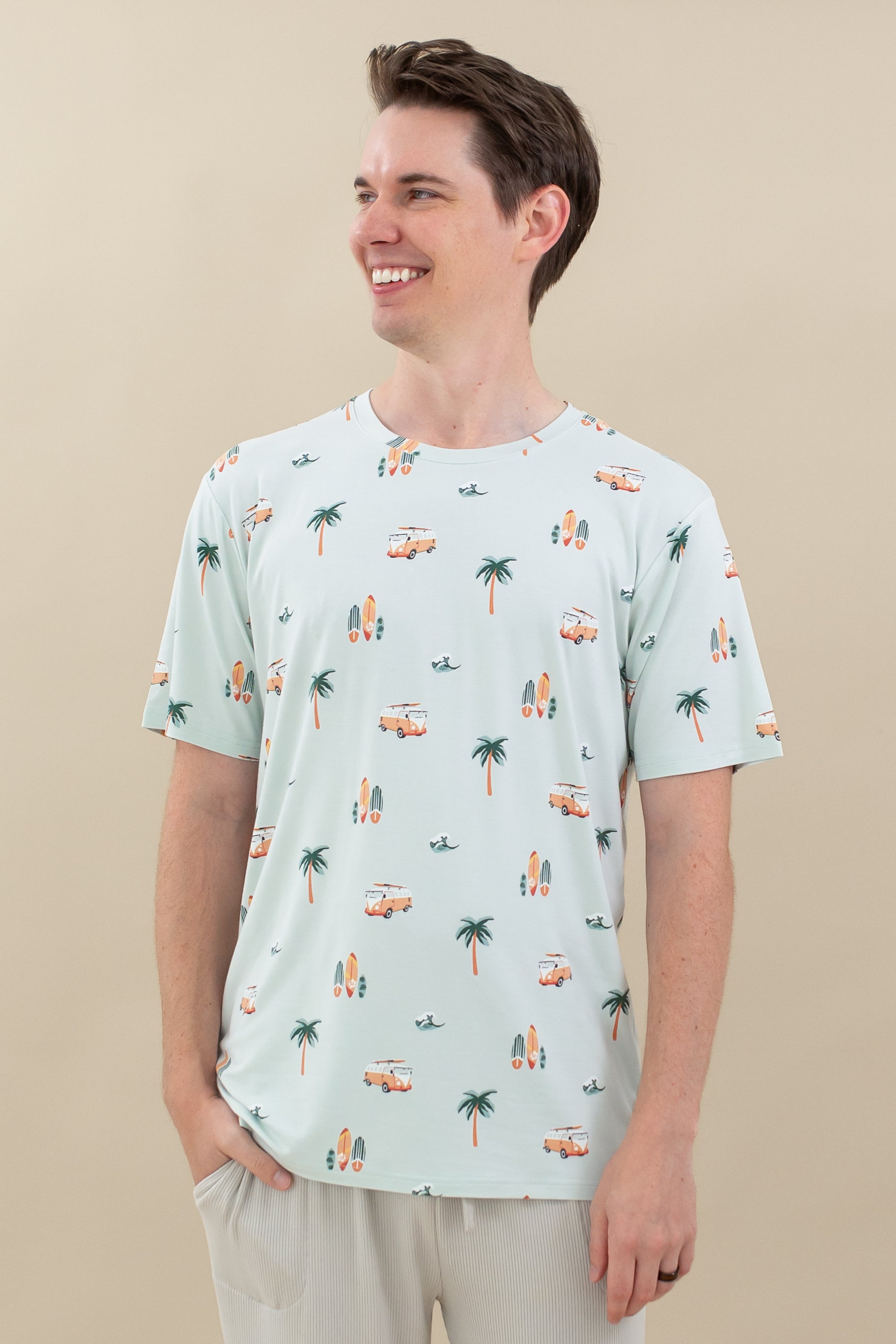 Man modeling Men's Crew Neck Tee in Dew Surf