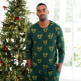 Man standing in front of decorated Christmas tree wearing Men's Jogger Set in Mickey Christmas Wreath print
::: Model is 6'2" wearing size L ///