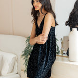 Model in Women's Nightgown in Midnight Leopard print standing against a dressing mirror. ::: Model is 5'10" wearing size S ///