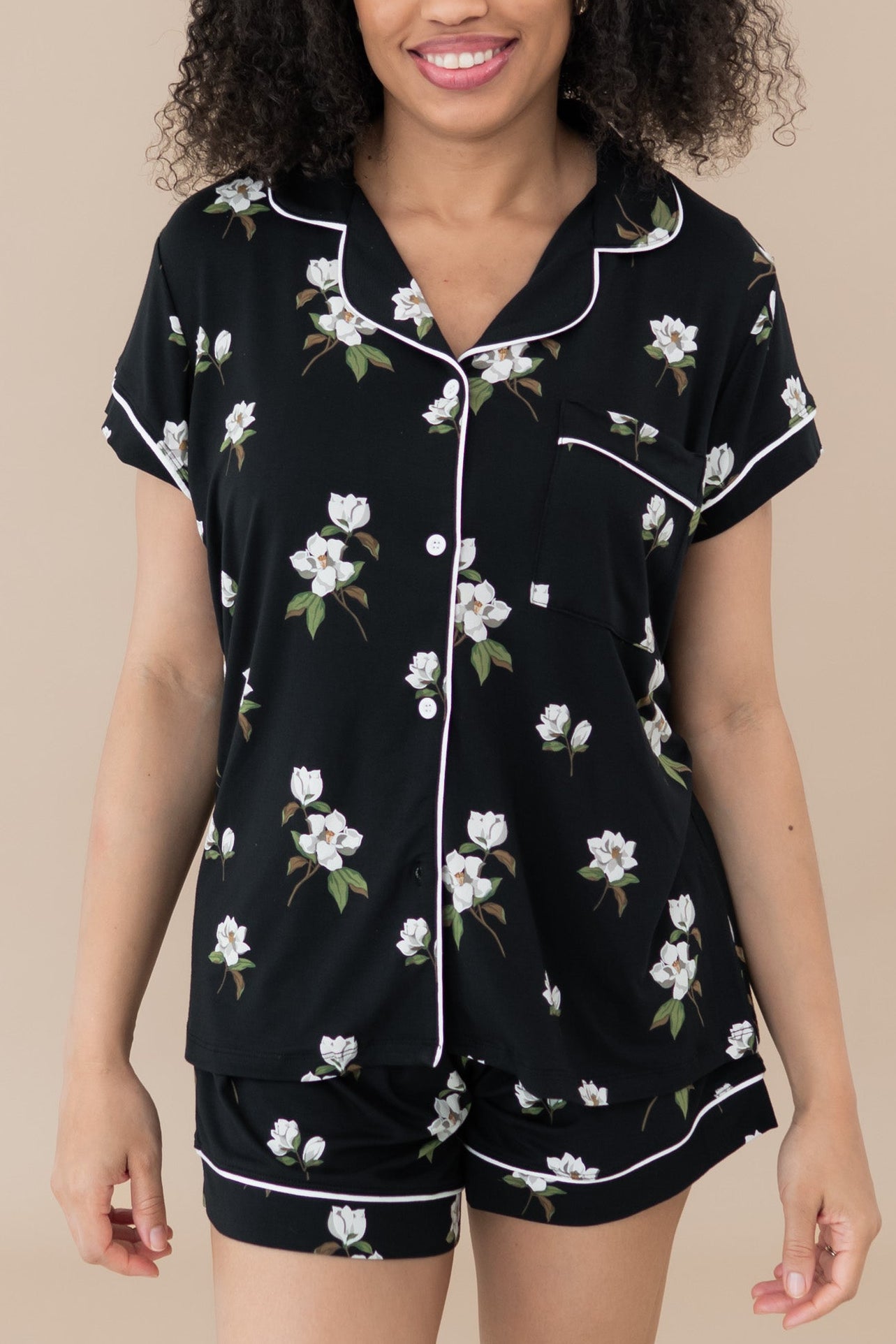 Woman modeling Women’s Short Sleeve Pajama Set in Big Midnight Magnolia