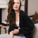 Modal sitting on a sofa in a living room wearing Chunky Knit Women's Waffle Cardigan in Midnight over white camisole and blue jeans
::: Model is 5'8" wearing size XS ///
