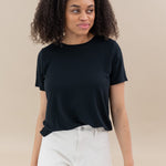 Female wearing the Women's Crew Neck Tee in Midnight