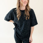 Woman modeling Women’s Biker Short Set in Midnight Leopard