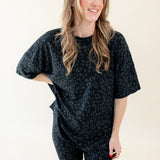 Woman modeling Women’s Biker Short Set in Midnight Leopard