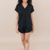 Woman modeling Women’s Short Sleeve Pajama Set in Midnight Leopard