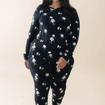 Smiling model wearing the Women's Jogger Pajama Set in Big Midnight Magnolia