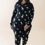 Smiling model wearing the Women's Jogger Pajama Set in Big Midnight Magnolia