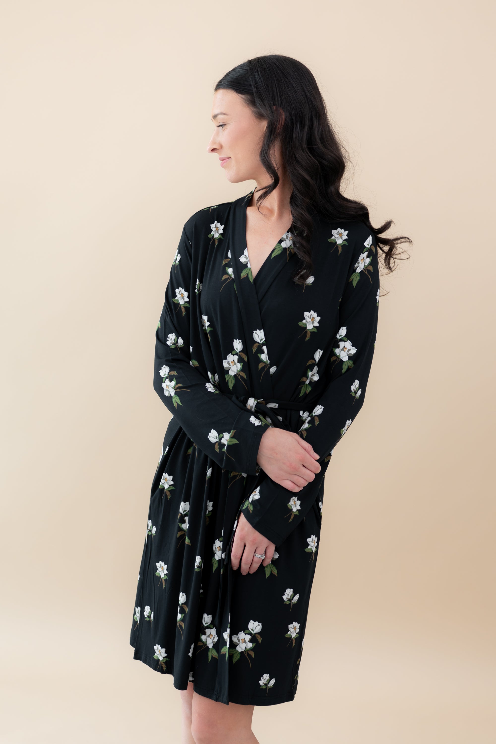 Female modeling the Women’s Lounge Robe in Big Midnight Magnolia