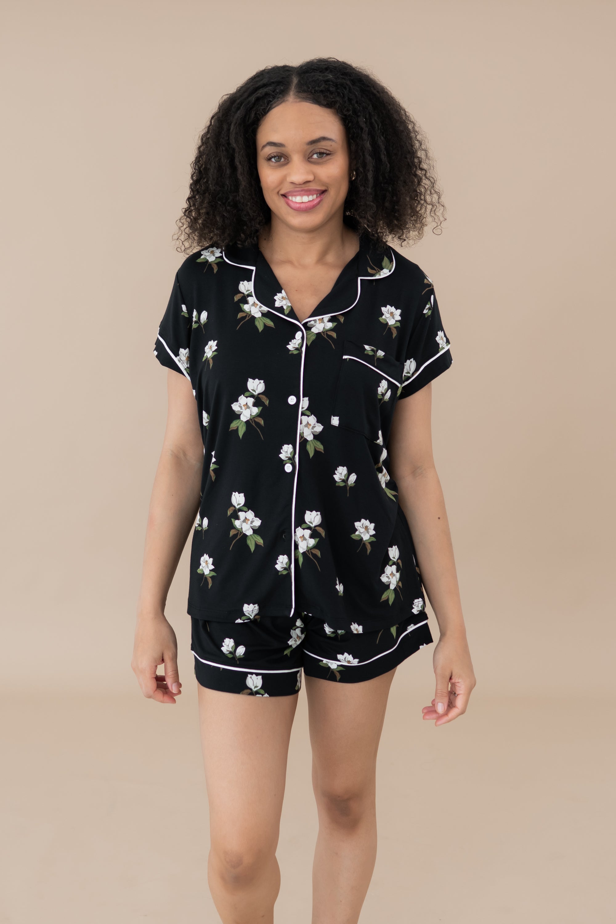 Woman modeling Women’s Short Sleeve Pajama Set in Big Midnight Magnolia