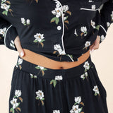 Black floral dress with a close-up of the outfit on a neutral background