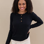 Female modeling the Women's Ribbed Henley Top in Midnight