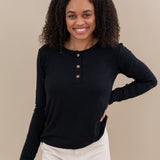 Female modeling the Women's Ribbed Henley Top in Midnight