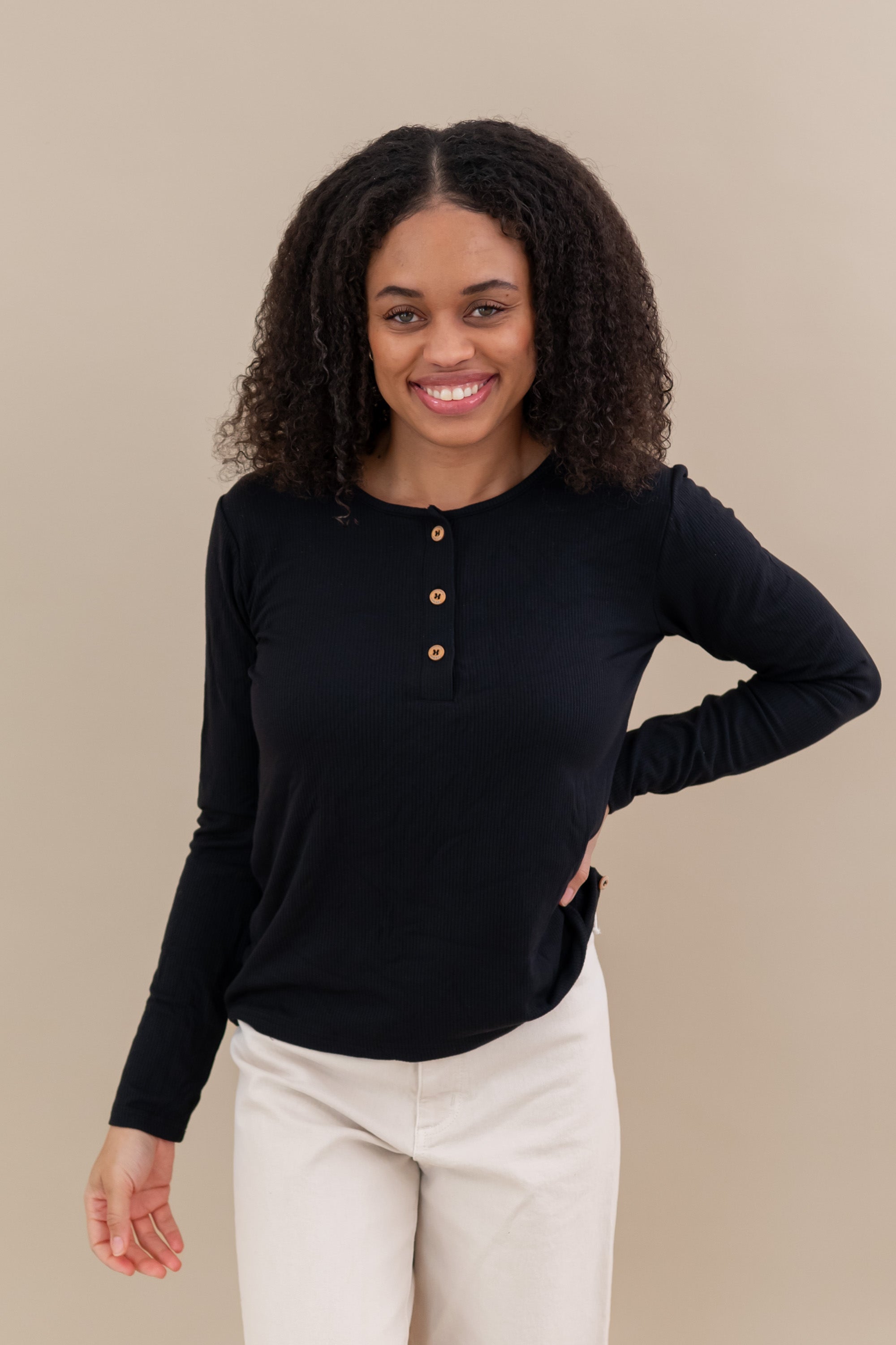 Female modeling the Women's Ribbed Henley Top in Midnight