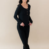 Woman modeling and smiling wearing Women's Ribbed Jogger Pant in Midnight