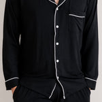 Close up of the Kyte Men's Long Sleeve Pajama Set in Midnight