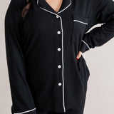 Bamboo Long-Sleeved Women's Pajama Set in Midnight with Cloud Trim