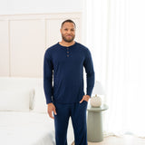 Man modeling Navy Lounge Pant and matching Henley Top