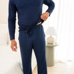 Close up on man modeling Navy Lounge Pant showing there is an adjustable drawstring waist