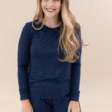 Smiling model wearing the Women's Jogger Pajama Set in Navy 