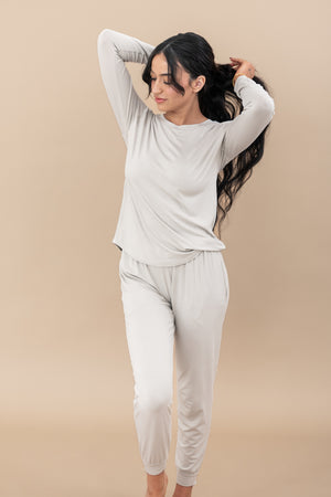 Model wearing the Women's Jogger Pajama Set in Oat   ::: Model is 5'5" wearing size S ///
