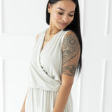 Female wearing the Women's Jumpsuit in Oat