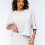 Model wearing the Women's Short Sleeve Tee in Oat