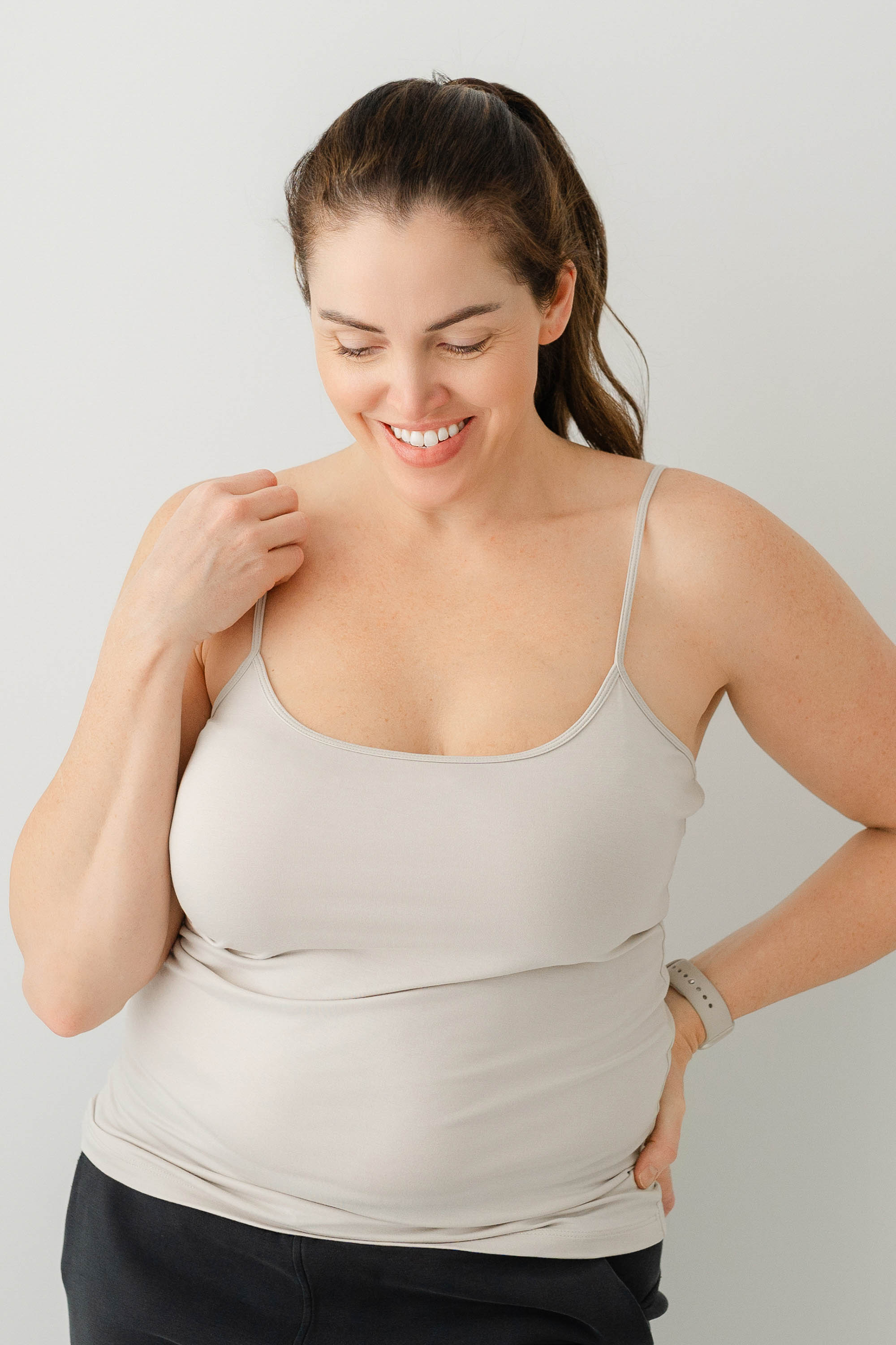 Female model wearing the Women’s Camisole in Oat