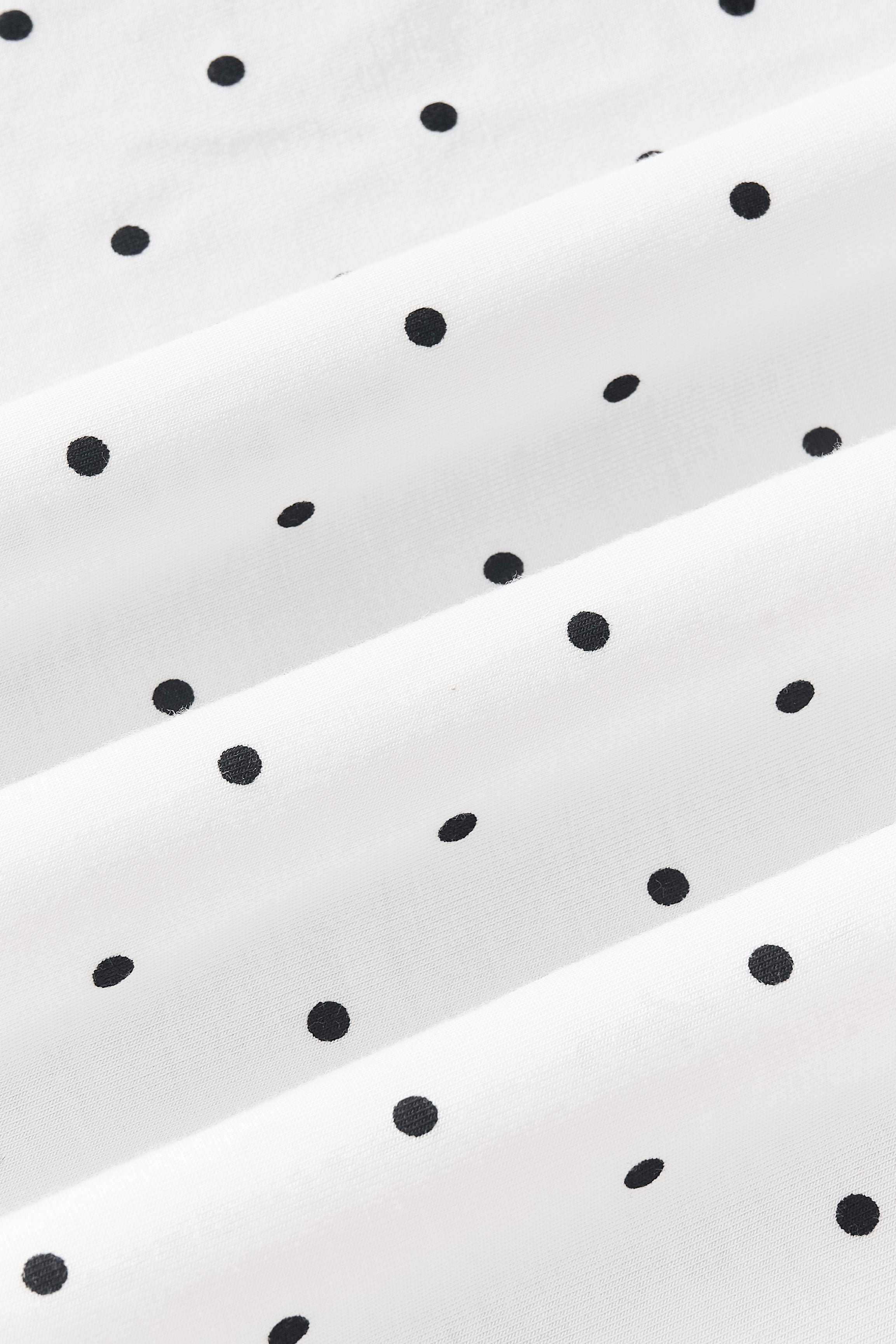 Close up view of Midnight polka dot print on white fabric