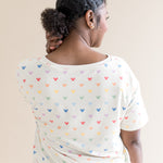 Close up of the Women's Relaxed Fit V-Neck in Pastel Mickey Mouse on a model
