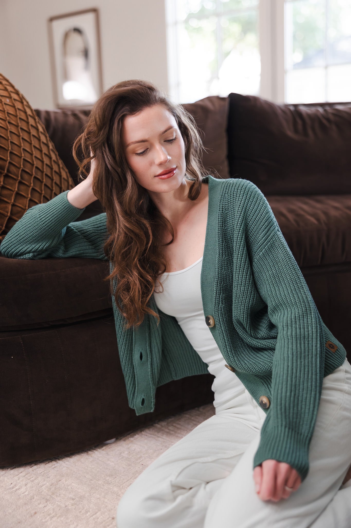 Chunky Knit Women's Cropped Cardigan In Pine