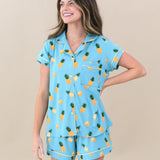 Model wearing Women’s Short Sleeve Pajama Set in Pineapple with hand on hip