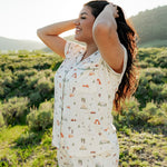 Woman holding up her hair wearing Women's Short Sleeve Pajama Set in Road Trip in Yellowstone National Park