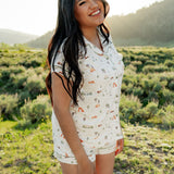Woman modeling Women's Short Sleeve Pajama Set in Road Trip in Yellowstone National Park