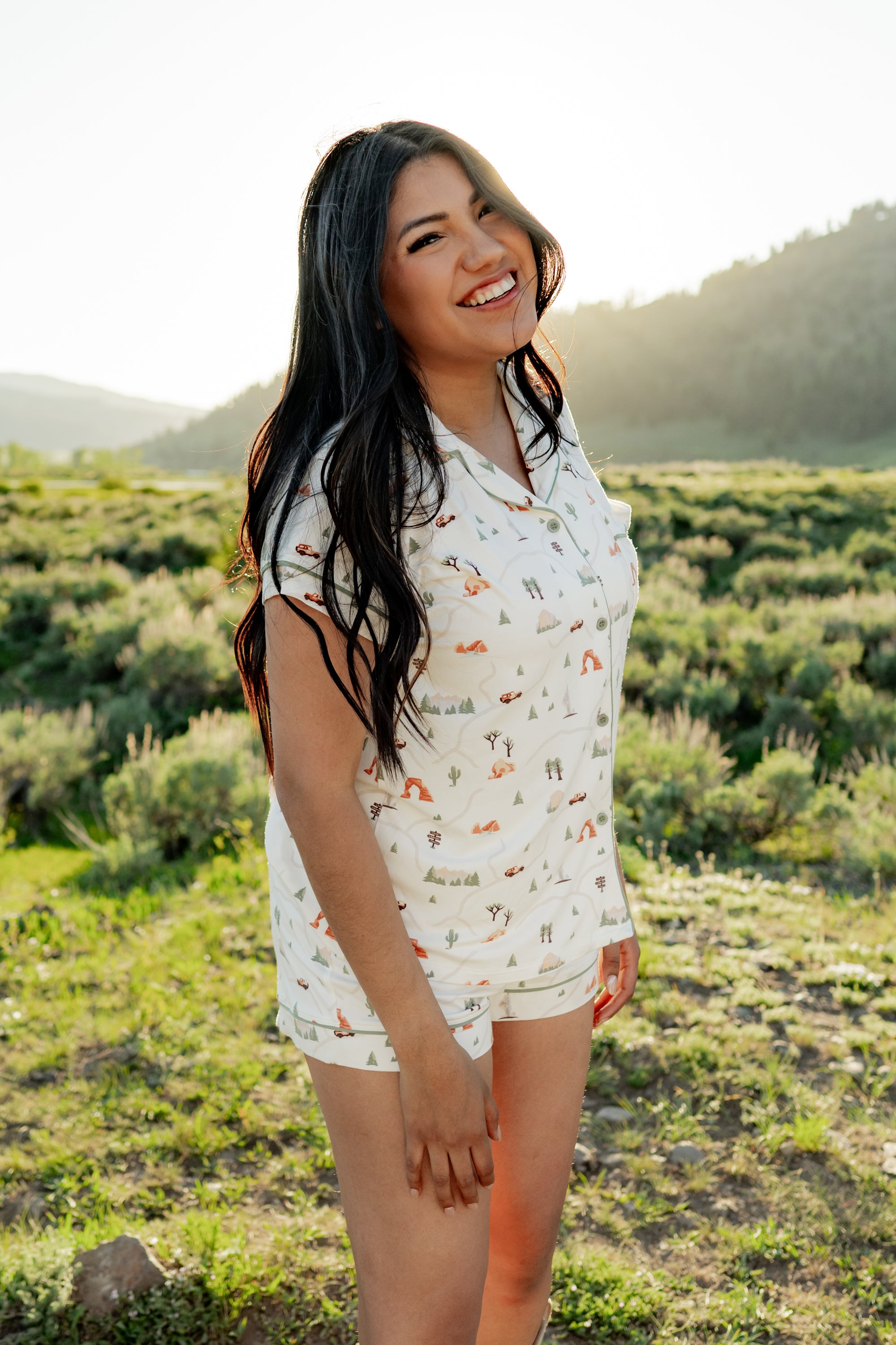 Woman modeling Women's Short Sleeve Pajama Set in Road Trip in Yellowstone National Park