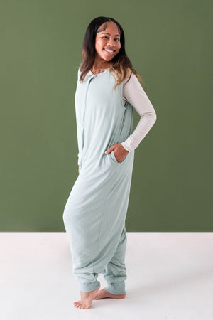 Woman wearing Adult Sleep Bag Walker in Sage green