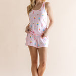 Model wearing Women's Tank Set in Sakura Ice Cream print on beige background ::: Model is 5'9" wearing size XS ///