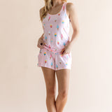 Model wearing Women's Tank Set in Sakura Ice Cream print on beige background ::: Model is 5'9" wearing size XS ///