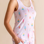 Model wearing Women's Tank Set with pockets in Sakura Ice Cream print on beige background