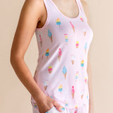 Model wearing Women's Tank Set with pockets in Sakura Ice Cream print on beige background