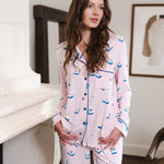 Modal posing in Long-Sleeved Women's Pajama Set in Sakura Mahjong print standing in a room
---PJ 2
