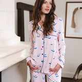 Modal posing in Long-Sleeved Women's Pajama Set in Sakura Mahjong print standing in a room
---PJ 2