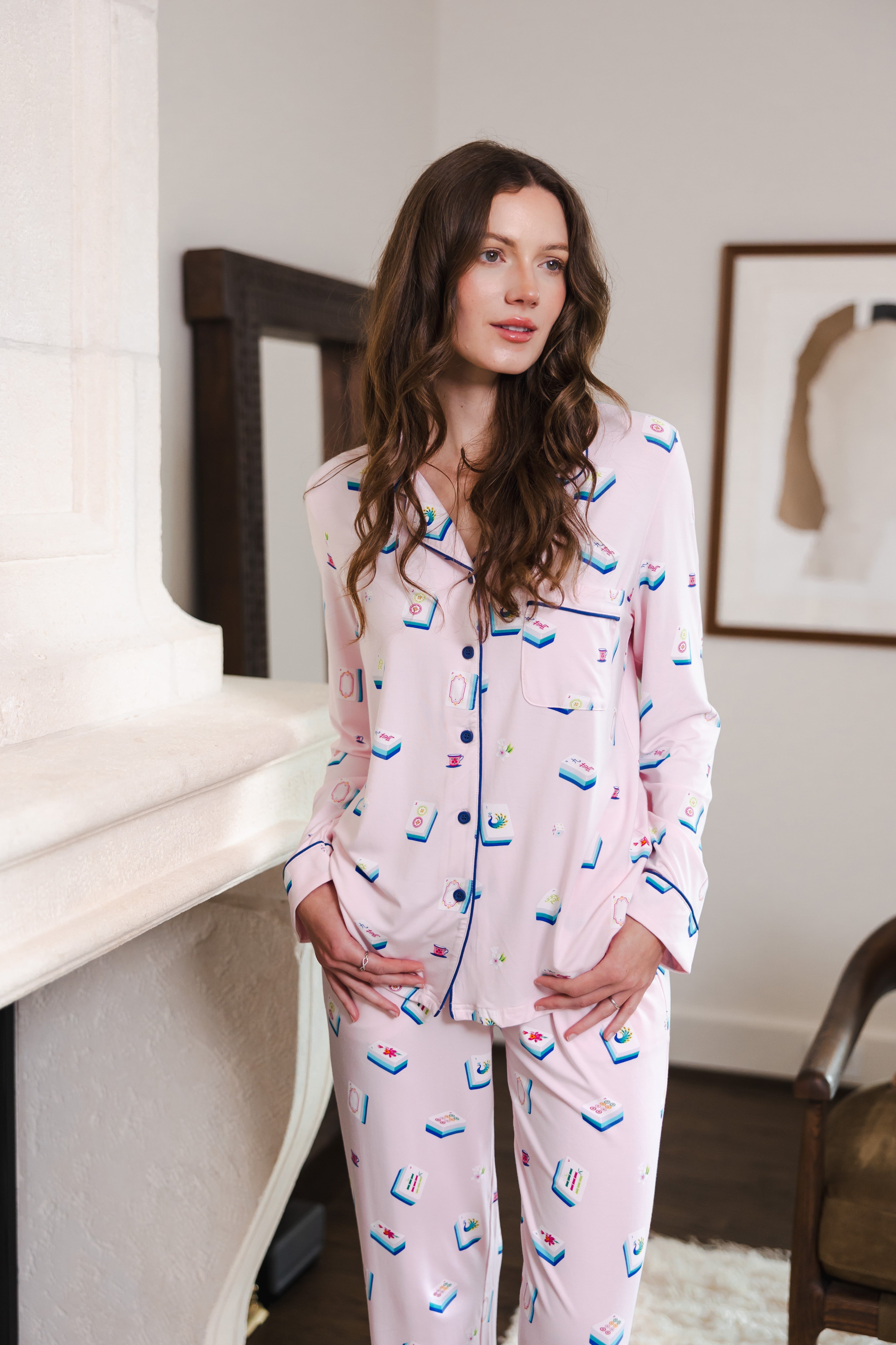 Modal posing in Long-Sleeved Women's Pajama Set in Sakura Mahjong print standing in a room
---PJ 2
