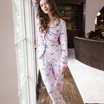 Modal wearing Long-Sleeved Women's Pajama Set in Sakura Mahjong print standing against a window in a living room

::: Model is 5'8" wearing size XS ///

---1605 3