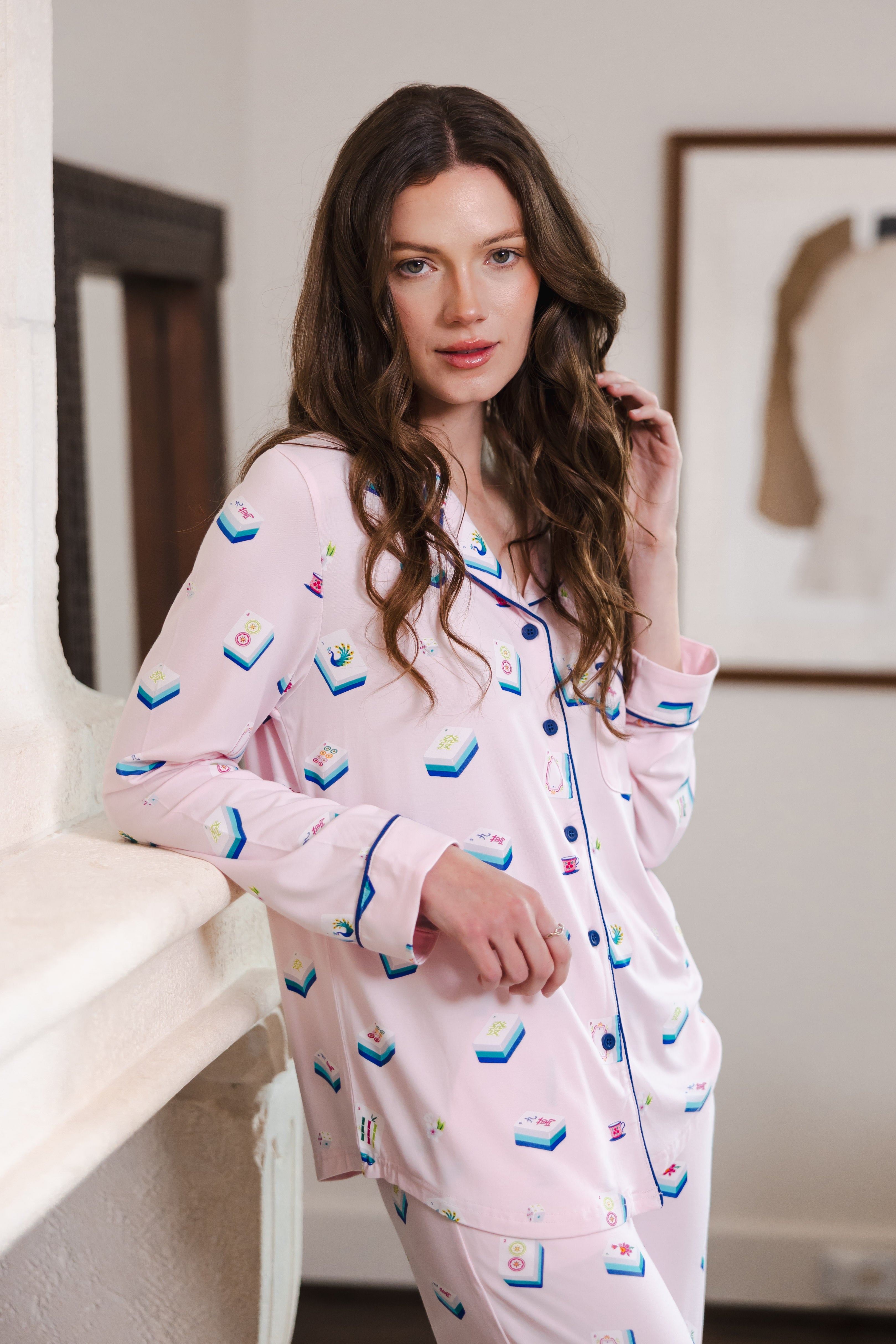 Modal posing in Long-Sleeved Women's Pajama Set in Sakura Mahjong print standing in a room

---1605 1